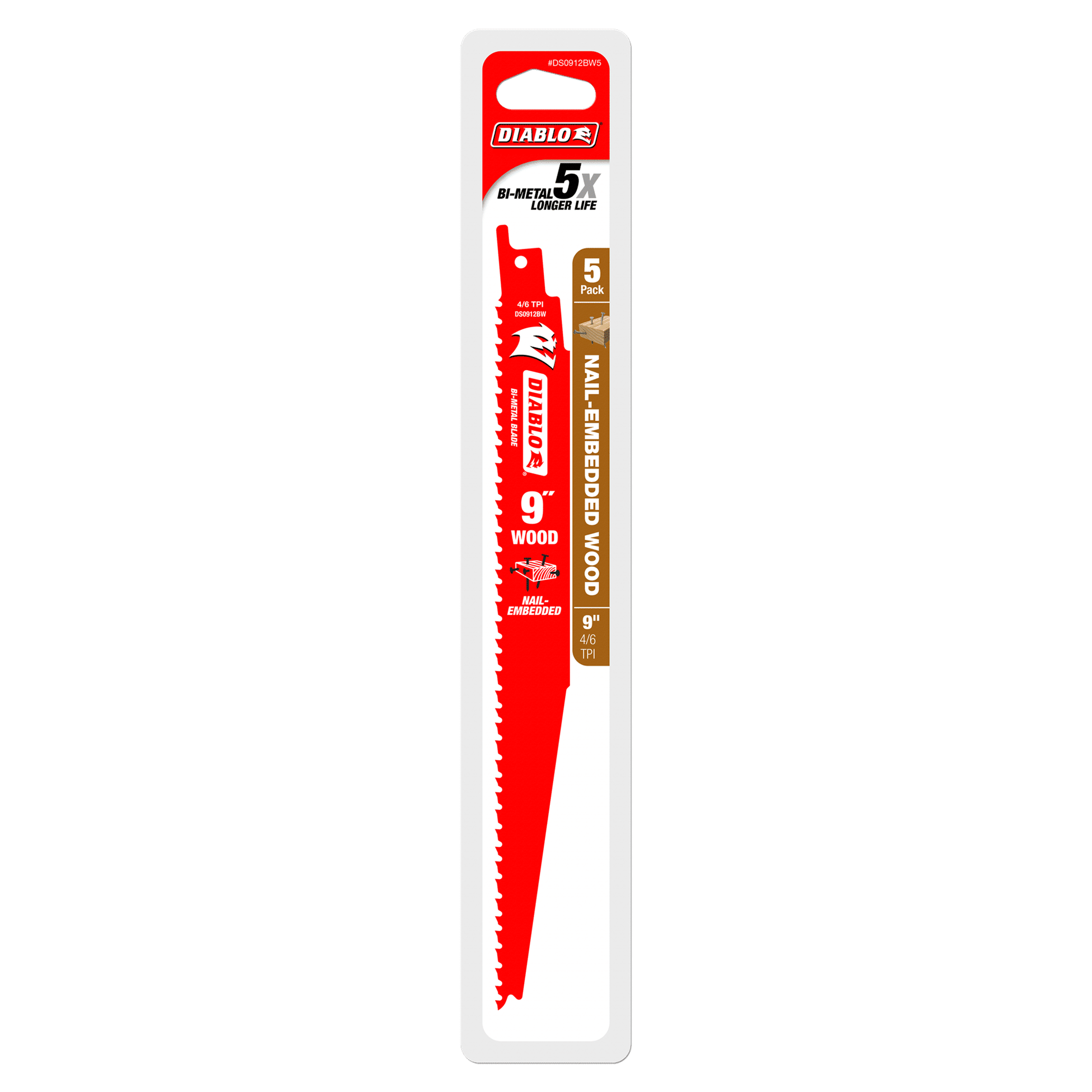 The Diablo DS0912BW5 9 in. bi-metal reciprocating saw blades, featuring Perma-SHIELD® coating, offer five times longer durability for cutting nail-embedded wood, ensuring efficiency and reliability. Available in a 5-pack with 4/6 TPI configuration.